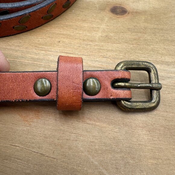 American Eagle Brown Leather Belt With Brass Stud Details & Buckle - Picture 3 of 10